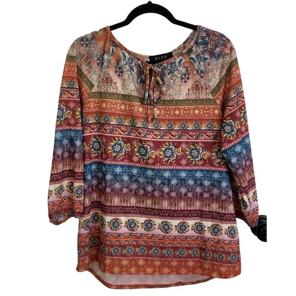 B.L.E.U. Women's Size Medium Multicolor Boho Top Tie Front 3/4 Length Sleeve - Picture 1 of 5